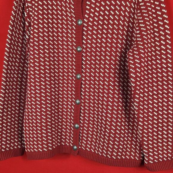 L.L. BEAN Vintage Birds‎ Eye Cardigan Sweater Red White Wool Womens Size Large - Picture 3 of 8